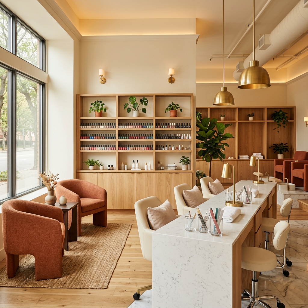 Inside Lumè Nail Spa — the welcoming nail stations and warm atmosphere
